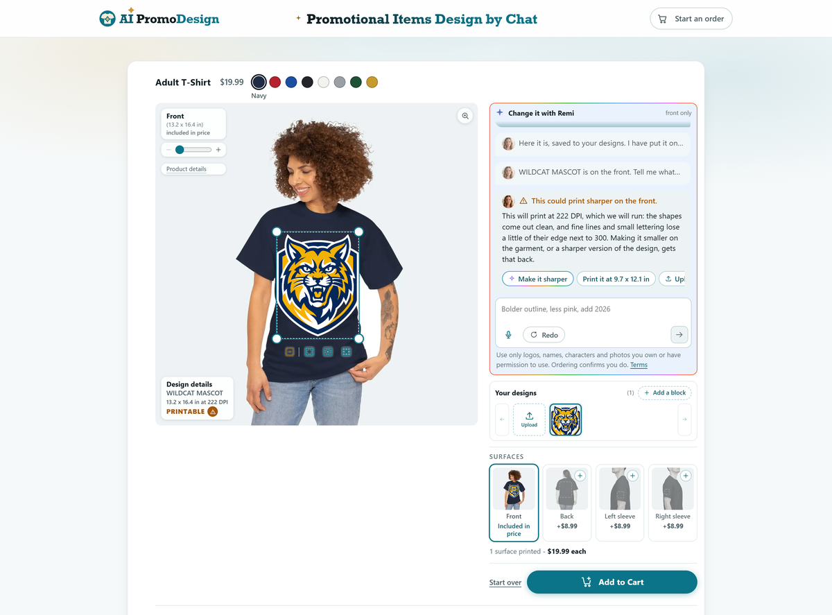 The AI Promo Design designer: a navy and gold wildcat design on a navy t-shirt, with Remi's reply in the chat beside it