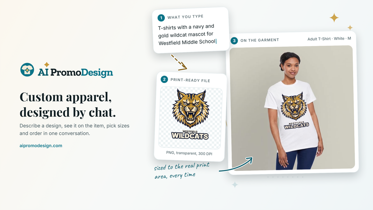 The AI PromoDesign lockup above three panels: a typed sentence, the print-ready wildcat file it produced, and that design printed on a shirt