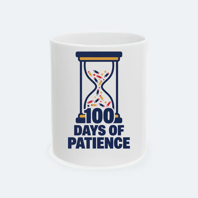An hourglass of falling pencils, 100 DAYS OF PATIENCE, on a white ceramic mug