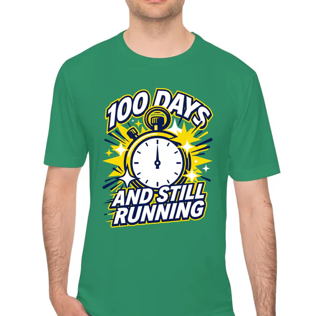 A sparkling stopwatch, 100 DAYS AND STILL RUNNING, on a kelly green performance tee