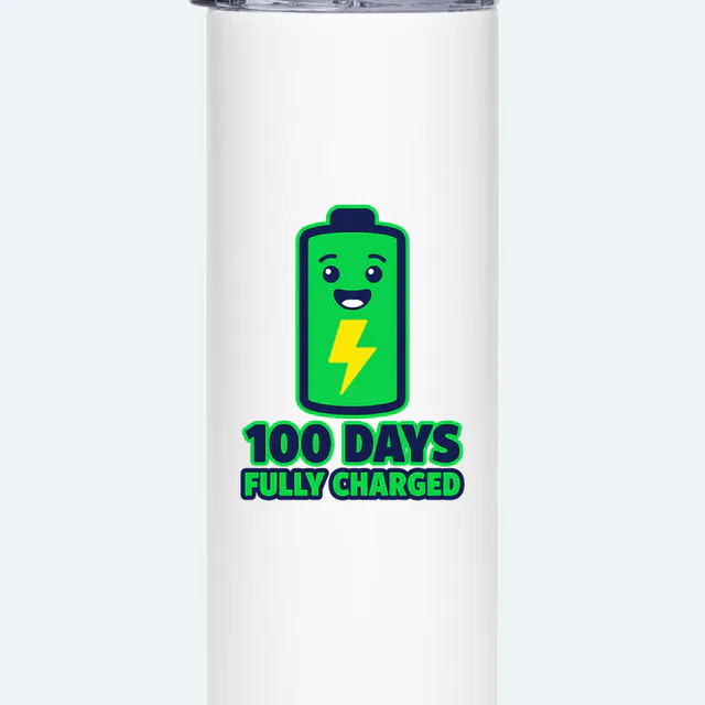 A fully charged battery, 100 DAYS FULLY CHARGED, on a white steel tumbler