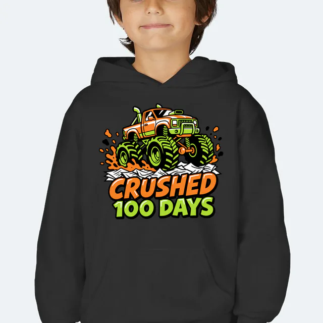 A monster truck rolling over crumpled papers, CRUSHED 100 DAYS, on a black youth hoodie