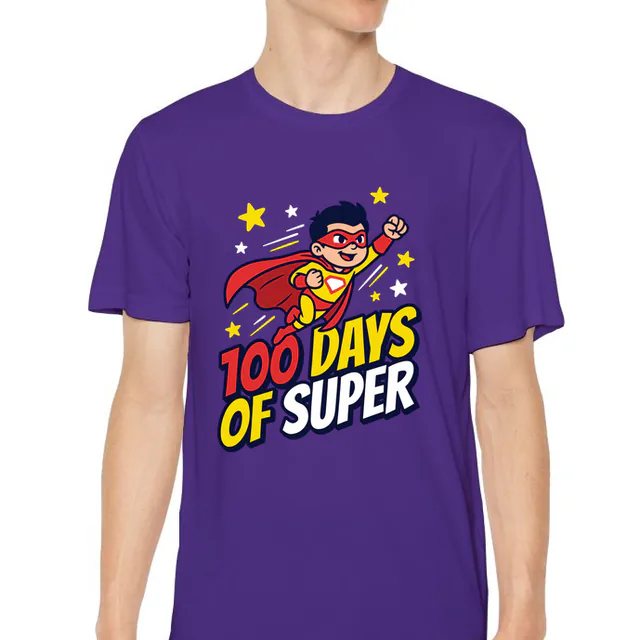 A caped kid flying past the stars, 100 DAYS OF SUPER, on a purple youth performance tee