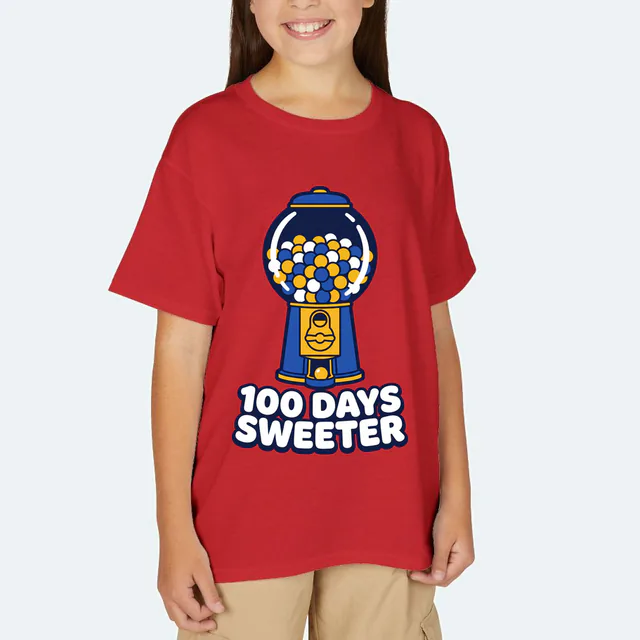 A gumball machine full to the top, 100 DAYS SWEETER, on a red youth t-shirt