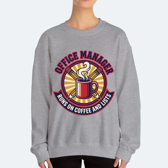 Crossed pencils and coffee in a sunburst, OFFICE MANAGER, on a sport gray adult crewneck