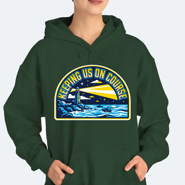A lighthouse guiding small boats home, KEEPING US ON COURSE, on a forest green adult hoodie
