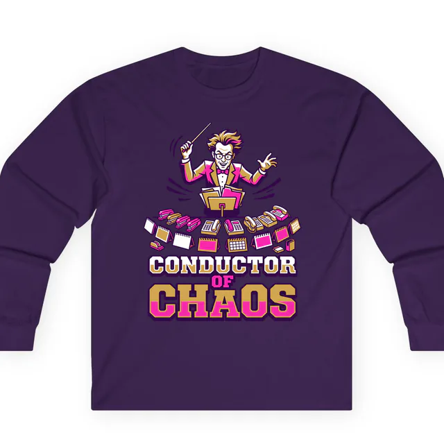 A conductor leading the office supplies, CONDUCTOR OF CHAOS, on a purple adult long sleeve