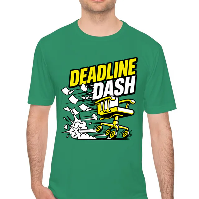 A speeding office chair trailing papers, DEADLINE DASH, on a kelly green performance tee