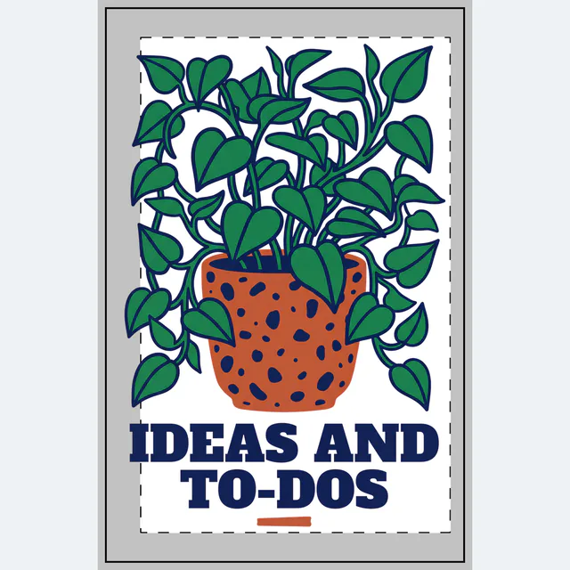 IDEAS AND TO-DOS around a desk plant with climbing vines, on a white dotted notebook
