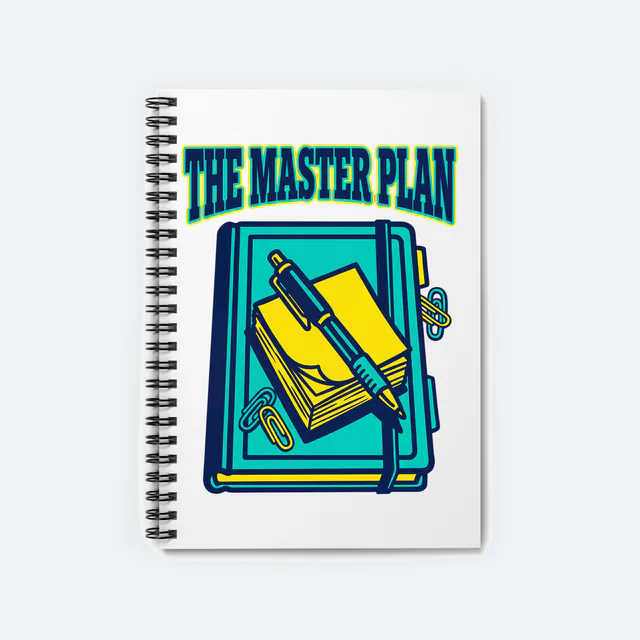 Sticky notes, a pen and paperclips under THE MASTER PLAN, on a white spiral notebook