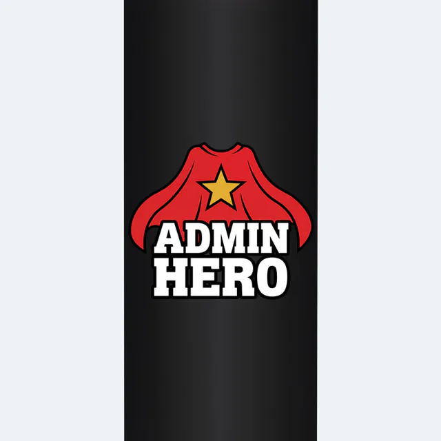 A flowing red cape with a gold star, ADMIN HERO, on a black steel tumbler