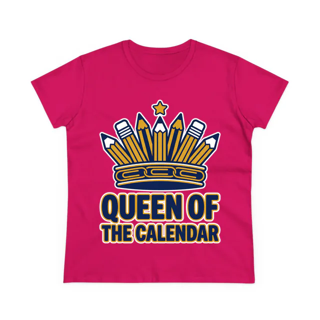 A crown of pencils and paperclips, QUEEN OF THE CALENDAR, on a heliconia women's t-shirt