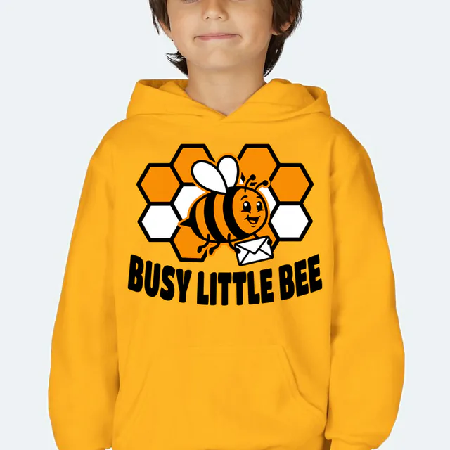 A bee carrying an envelope over a honeycomb, BUSY LITTLE BEE, on a gold youth hoodie