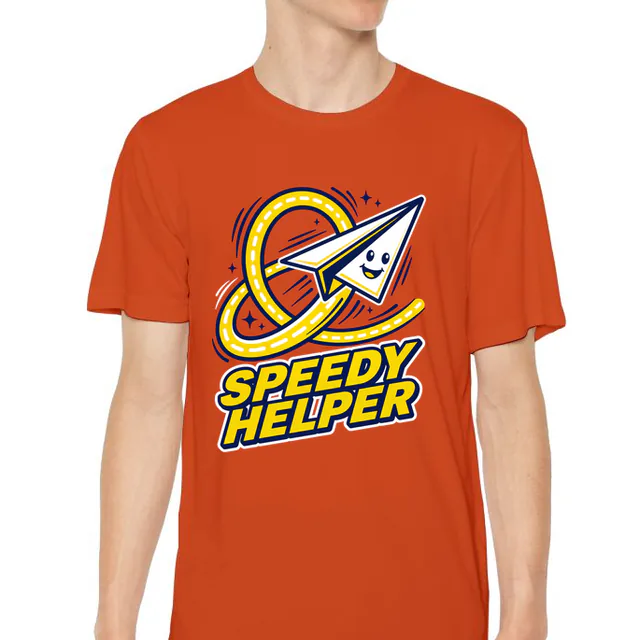 A smiling paper airplane looping fast, SPEEDY HELPER, on an orange youth performance tee