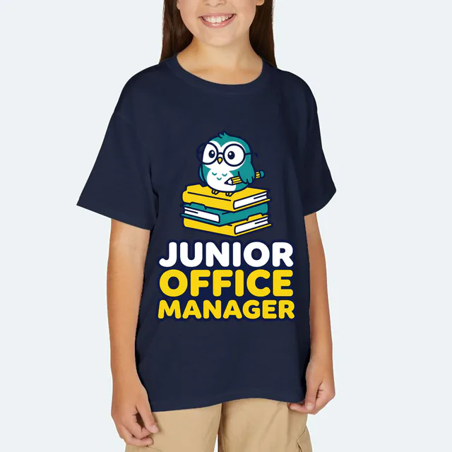 An owl on a stack of folders, JUNIOR OFFICE MANAGER, on a navy youth t-shirt