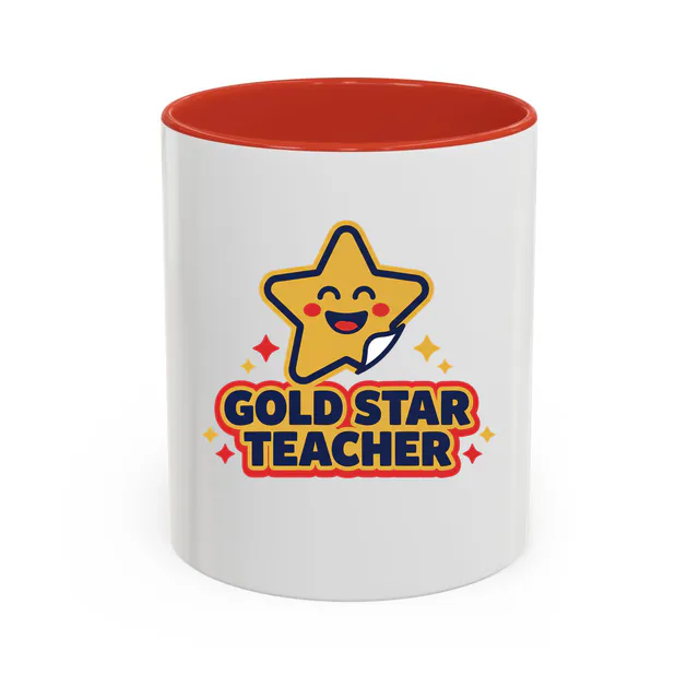 A smiling gold star sticker, GOLD STAR TEACHER, on a red accent mug