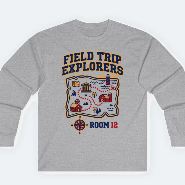 A treasure map of field trip stops for the ROOM 12 explorers, on a sport gray adult long sleeve