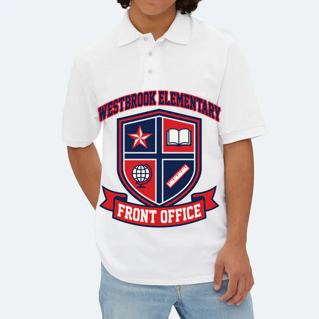 A four-part school crest for the Westbrook front office, on a white adult polo