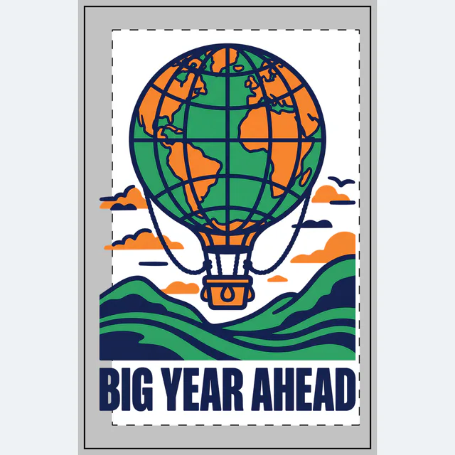 A globe hot air balloon over rolling hills, BIG YEAR AHEAD, on a white dotted notebook