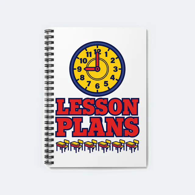 A classroom clock over a row of tiny desks, LESSON PLANS, on a white spiral notebook