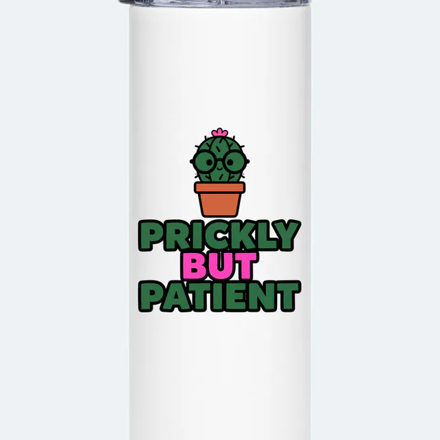 A cactus in round glasses, PRICKLY BUT PATIENT, on a white steel tumbler
