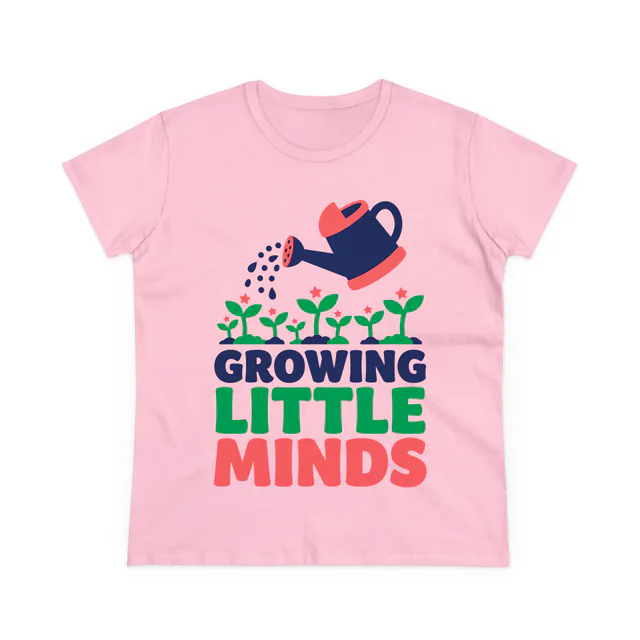 A watering can over a row of sprouts, GROWING LITTLE MINDS, on a light pink women's t-shirt