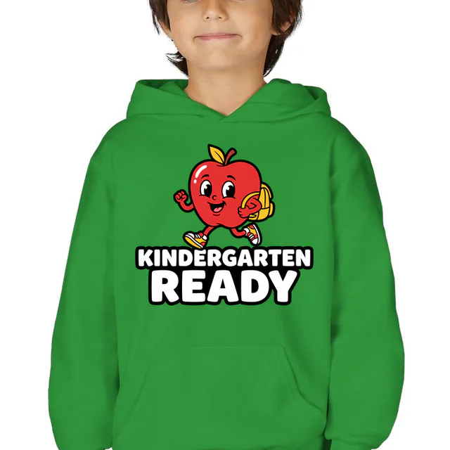 A running apple in tiny sneakers, KINDERGARTEN READY, on a kelly green youth hoodie