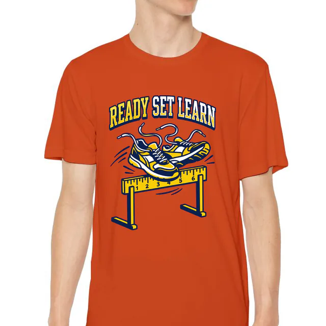 Sneakers leaping a ruler hurdle, READY SET LEARN, on an orange youth performance tee