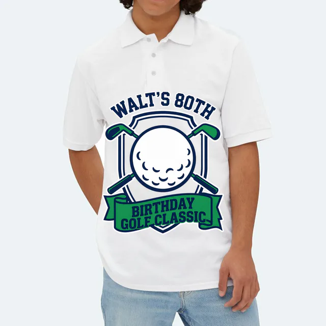 A golf crest for Walt's 80th birthday classic, on a white adult polo
