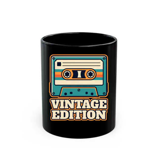 A retro cassette tape, VINTAGE EDITION, on a black mug