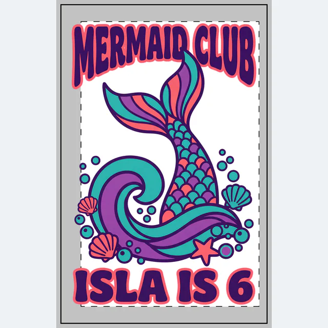 A mermaid tail rising from a wave, MERMAID CLUB, on a white dotted notebook