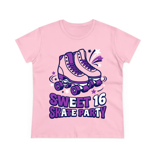 Retro roller skates with spinning stars, SWEET 16 SKATE PARTY, on a light pink women's t-shirt