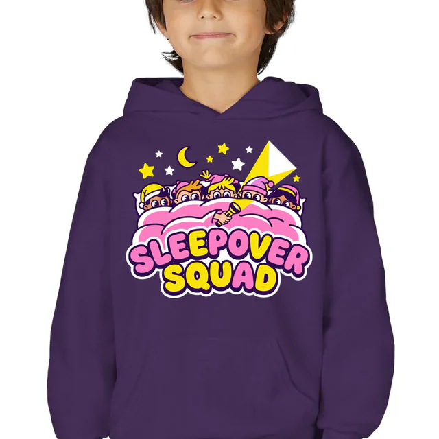 Kids peeking out from under one blanket, SLEEPOVER SQUAD, on a purple youth hoodie