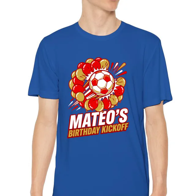 A soccer ball bursting through balloons, MATEO'S BIRTHDAY KICKOFF, on a royal youth performance tee