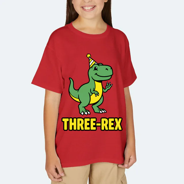 THREE-REX, a baby dinosaur holding up three claws, on a red youth t-shirt
