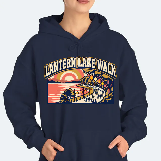 Walkers on a lantern-lit lake path, LANTERN LAKE WALK, on a navy adult hoodie