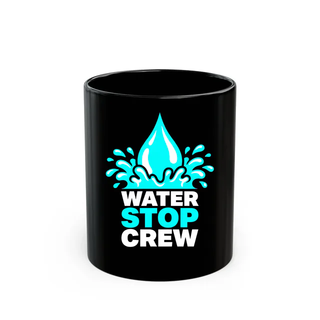 A splashing water droplet, WATER STOP CREW, on a black mug