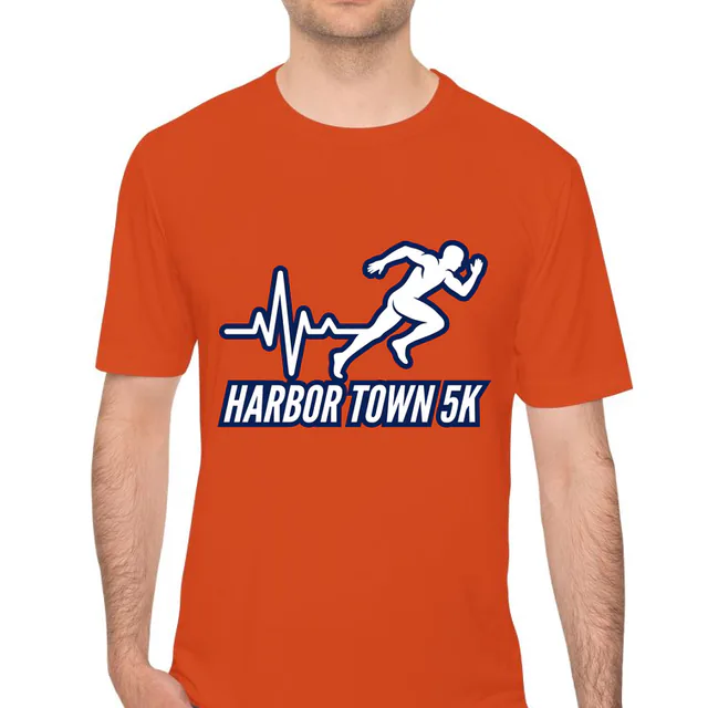 A heartbeat line turning into a runner, HARBOR TOWN 5K, on an orange performance tee