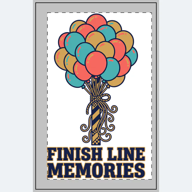 Balloons tied to a finish-line post, FINISH LINE MEMORIES, on a white dotted notebook