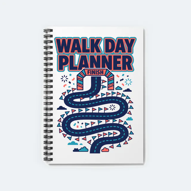 A winding road to a finish arch, WALK DAY PLANNER, on a white spiral notebook