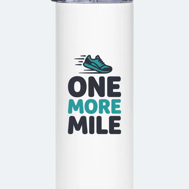 A sneaker in motion over ONE MORE MILE, on a white steel tumbler