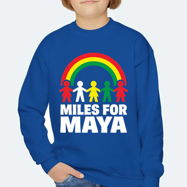 Paper-doll kids under a rainbow, MILES FOR MAYA, on a royal youth crewneck
