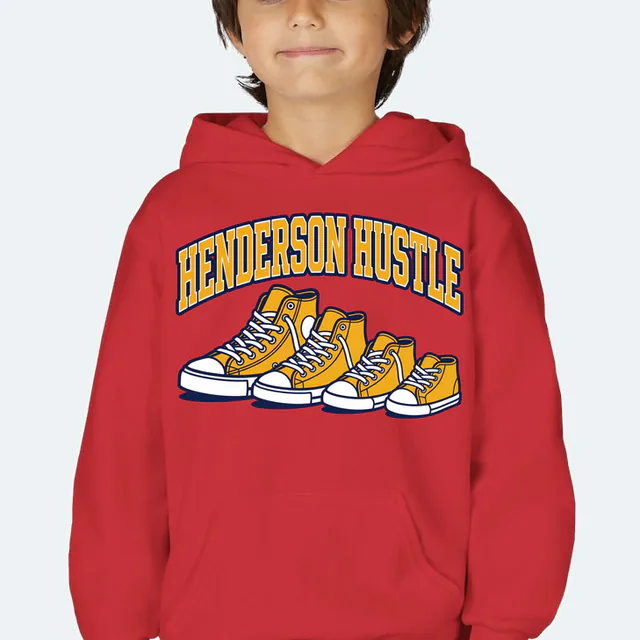 Four sneakers from biggest to tiniest, HENDERSON HUSTLE, on a red youth hoodie