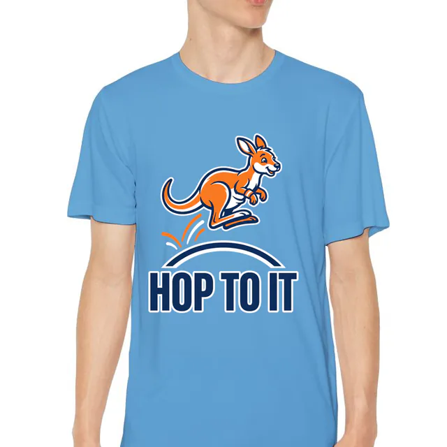 A bouncing kangaroo joey, HOP TO IT, on a carolina blue youth performance tee