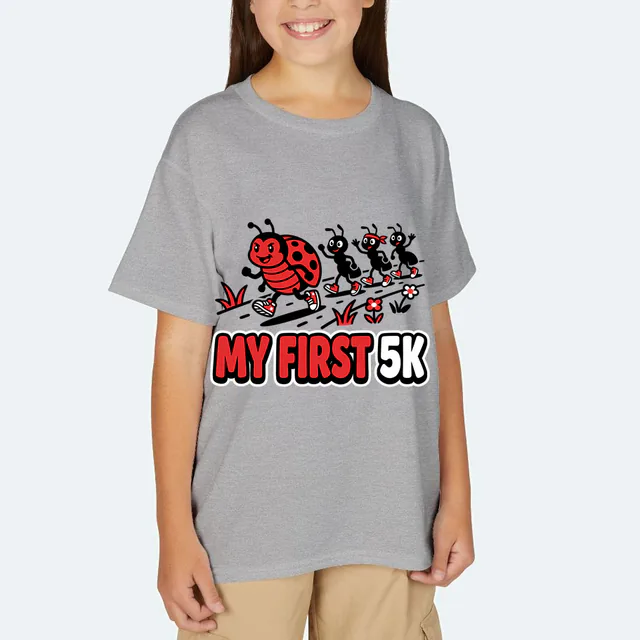 A ladybug leading a line of ants, MY FIRST 5K, on a sport gray youth t-shirt