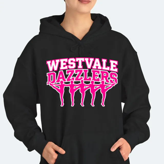 A kickline of five dancers for the Westvale Dazzlers, on a black adult hoodie