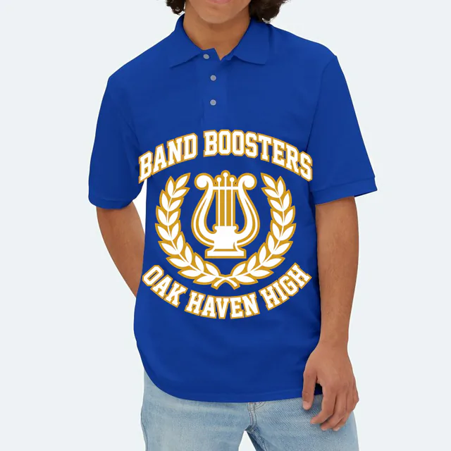 A lyre in a laurel wreath for the Oak Haven band boosters, on a royal adult polo