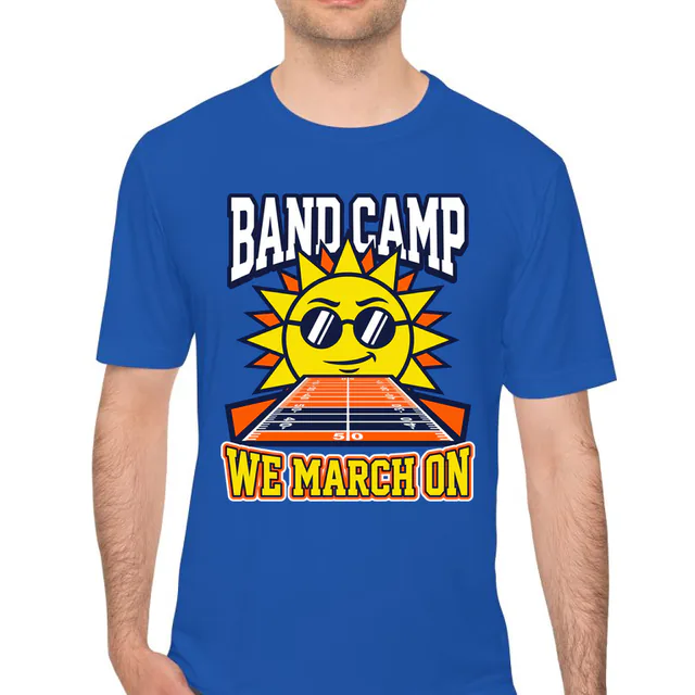 A sun in sunglasses over the yard lines, BAND CAMP, on a royal performance tee