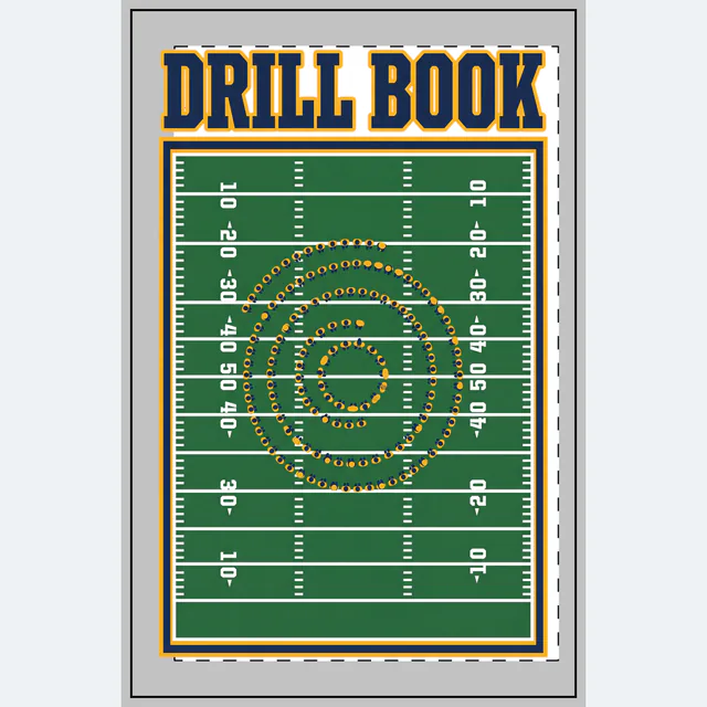 Marchers in a spiral formation on the field, DRILL BOOK, on a white dotted notebook