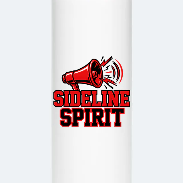 A megaphone with bold sound bursts above SIDELINE SPIRIT, on a white steel tumbler